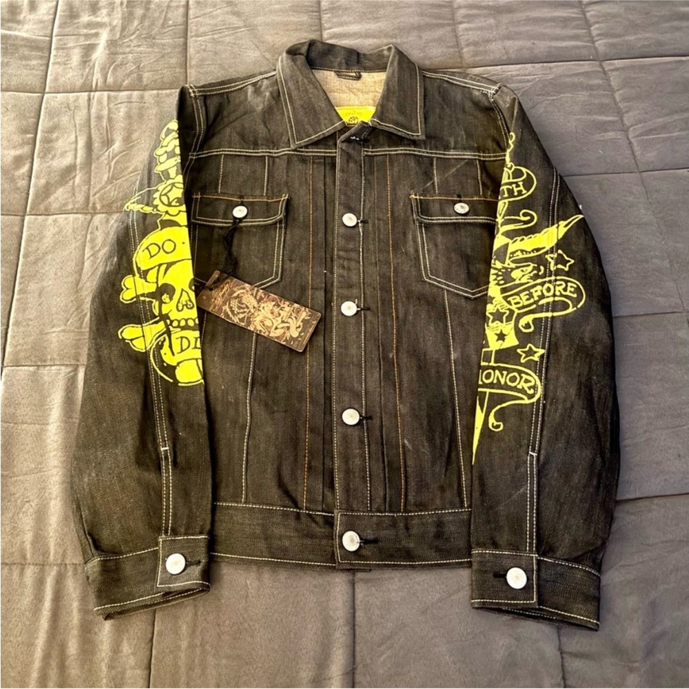 Ed Hardy Black Jacket with Vibrant Yellow Tattoo Inspired Skull Design NWT - Picture 4 of 10